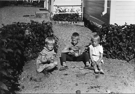 Syskonen Gunilla, Håkan, Sonja Melin (Birgers barn) i syrenberån vid Narvagatan